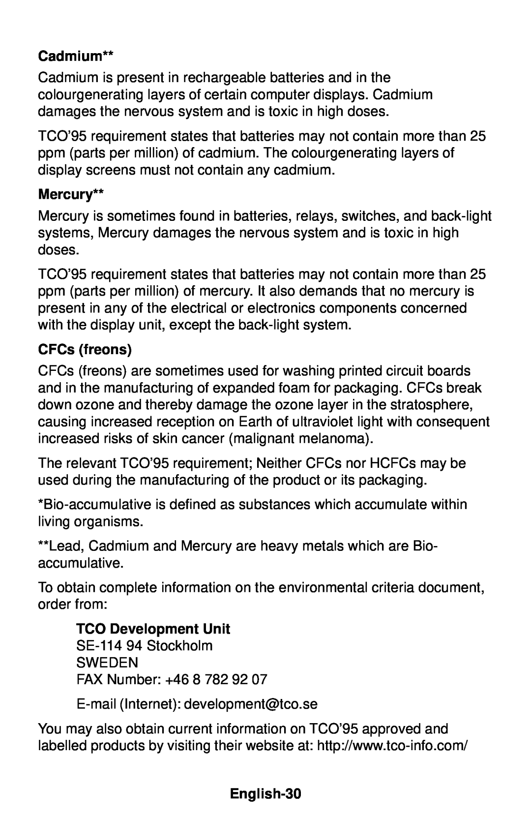 NEC LCD1830 user manual Cadmium, Mercury, CFCs freons, TCO Development Unit, English-30 