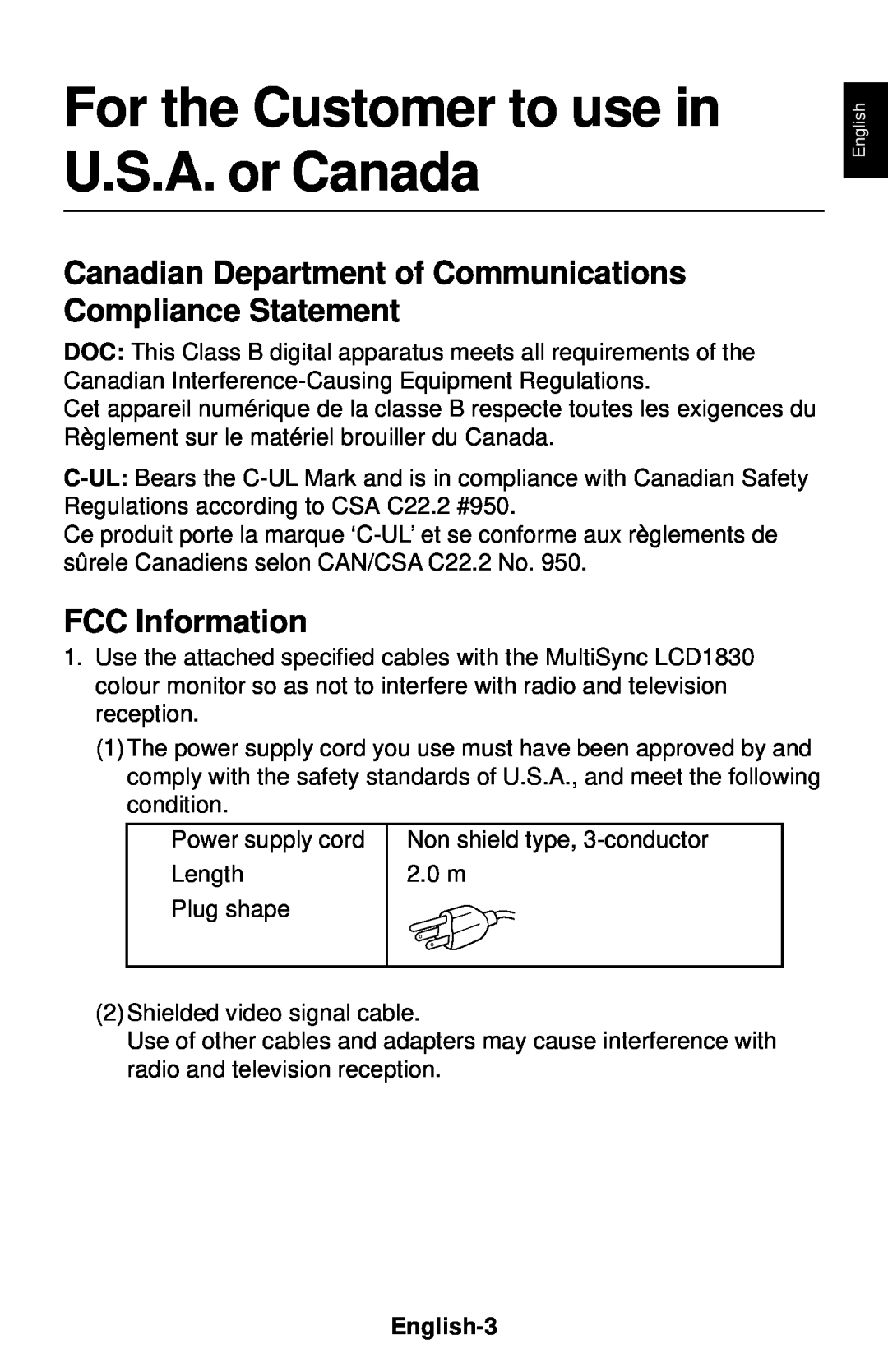 NEC LCD1830 For the Customer to use in U.S.A. or Canada, Canadian Department of Communications Compliance Statement 