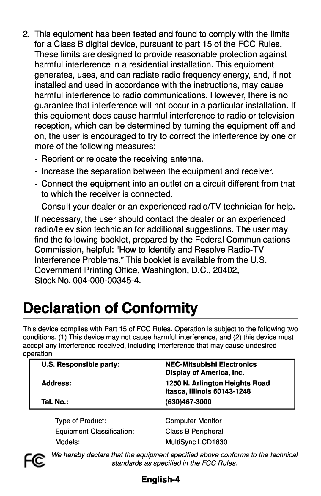 NEC LCD1830 user manual Declaration of Conformity, English-4 