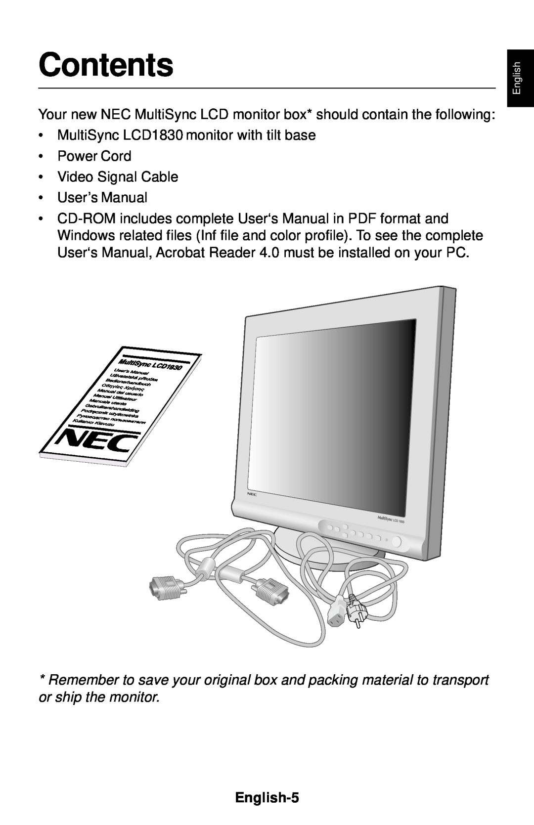 NEC LCD1830 user manual Contents, English-5 