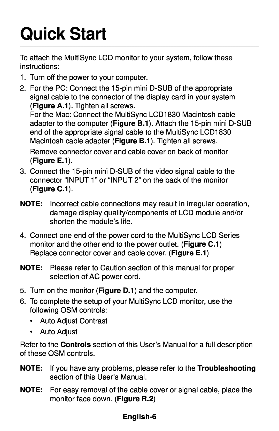 NEC LCD1830 user manual Quick Start, English-6 