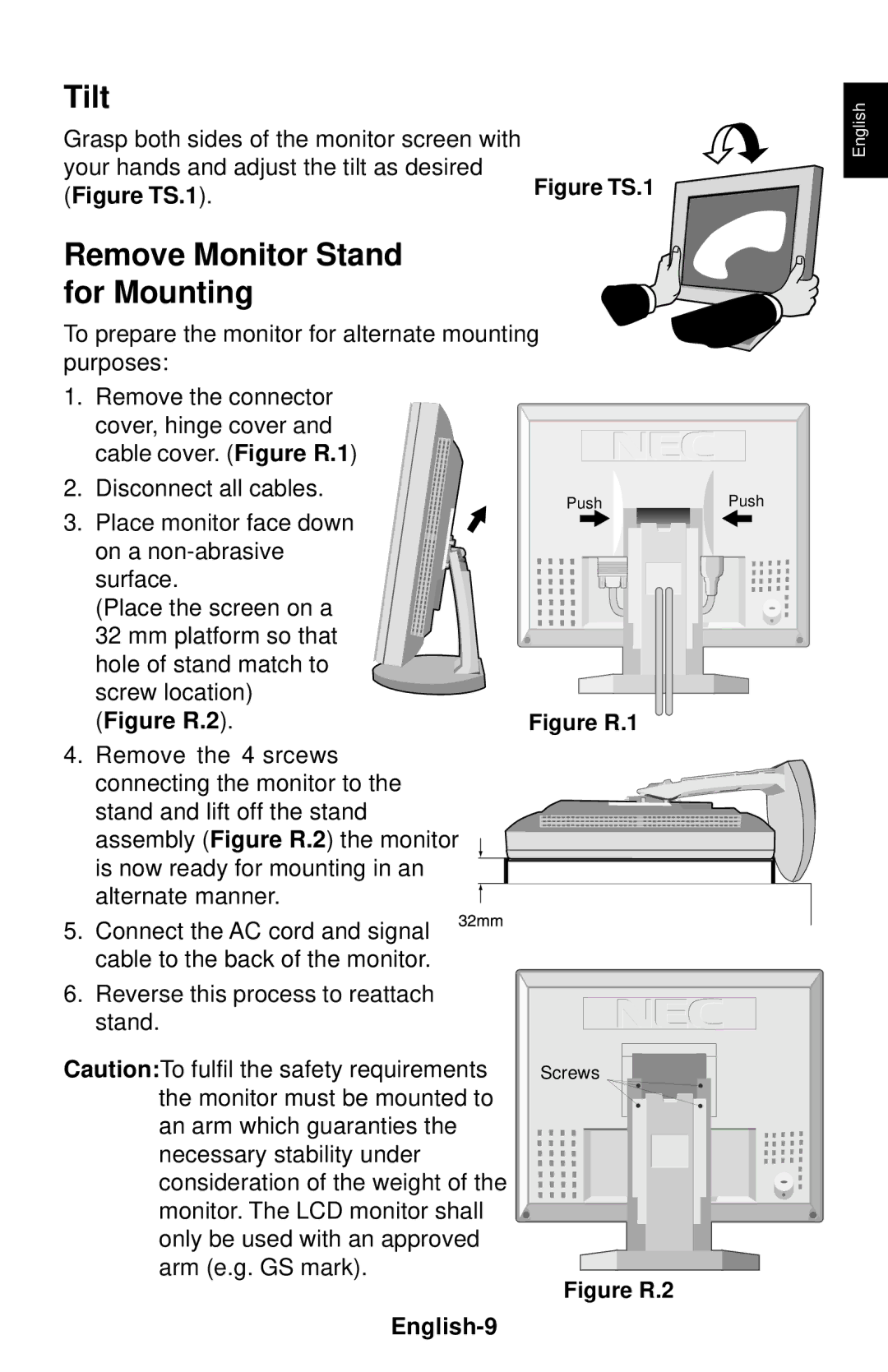 NEC LCD1830 user manual Tilt, Remove Monitor Stand for Mounting, English-9 