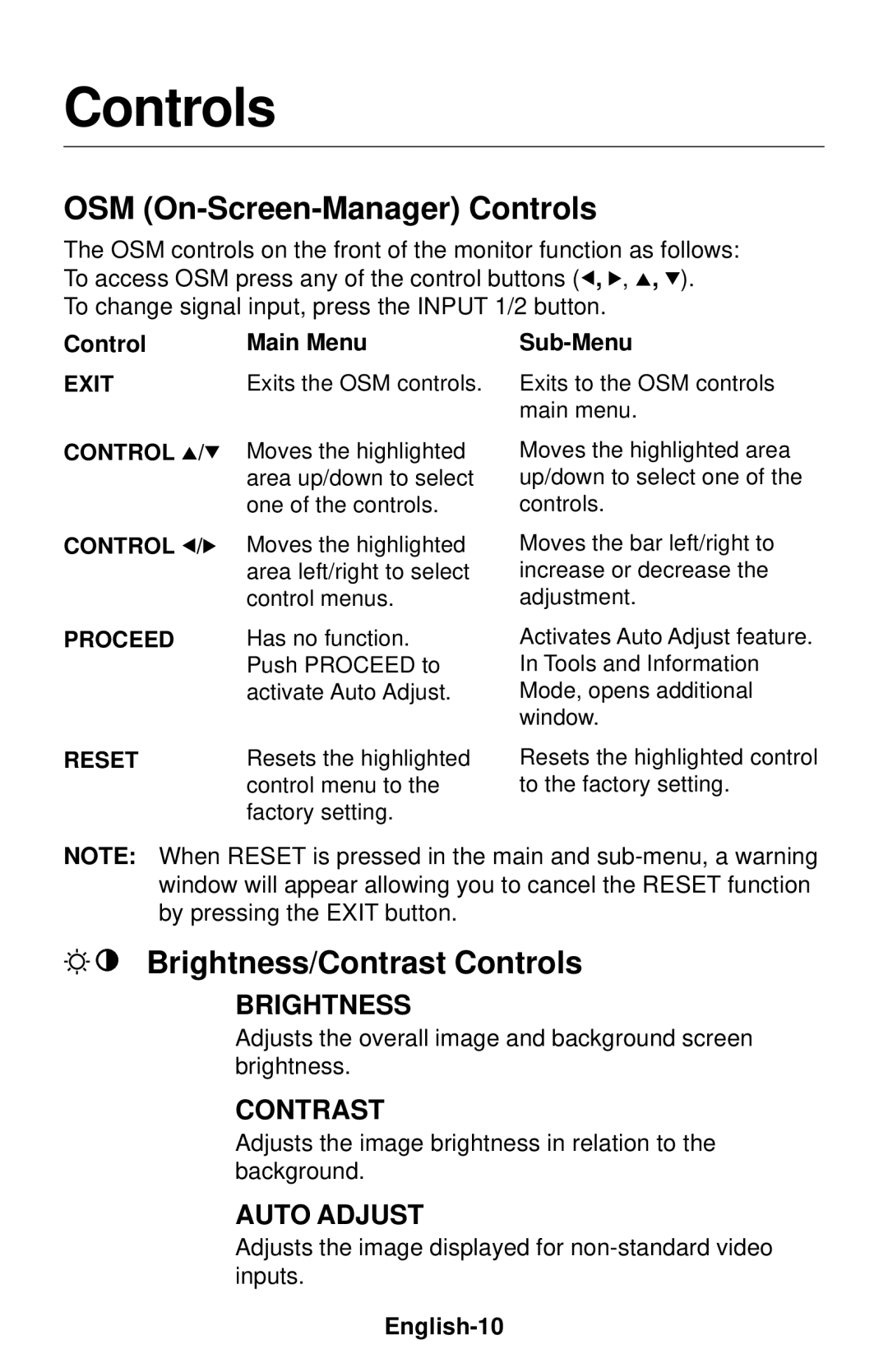 NEC LCD1830 OSM On-Screen-Manager Controls, Brightness/Contrast Controls, Control Main Menu Sub-Menu, English-10 