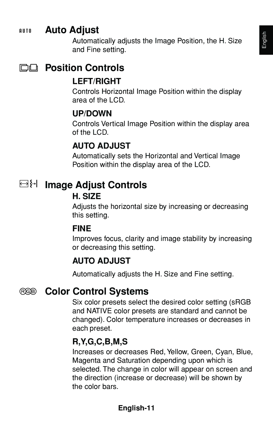 NEC LCD1830 user manual Auto Adjust, Position Controls, Image Adjust Controls, Color Control Systems, English-11 