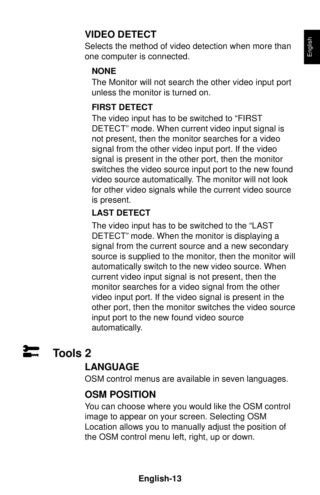 NEC LCD1830 user manual Video Detect, English-13 