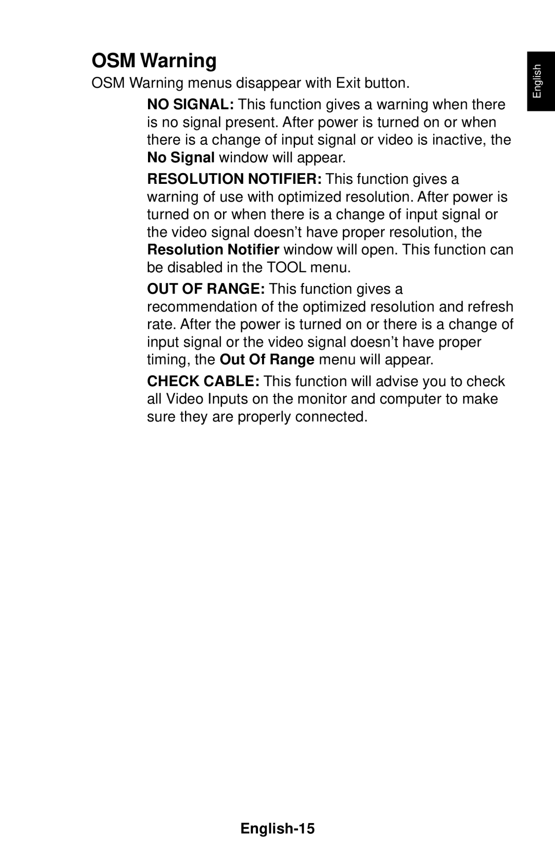 NEC LCD1830 user manual OSM Warning, English-15 