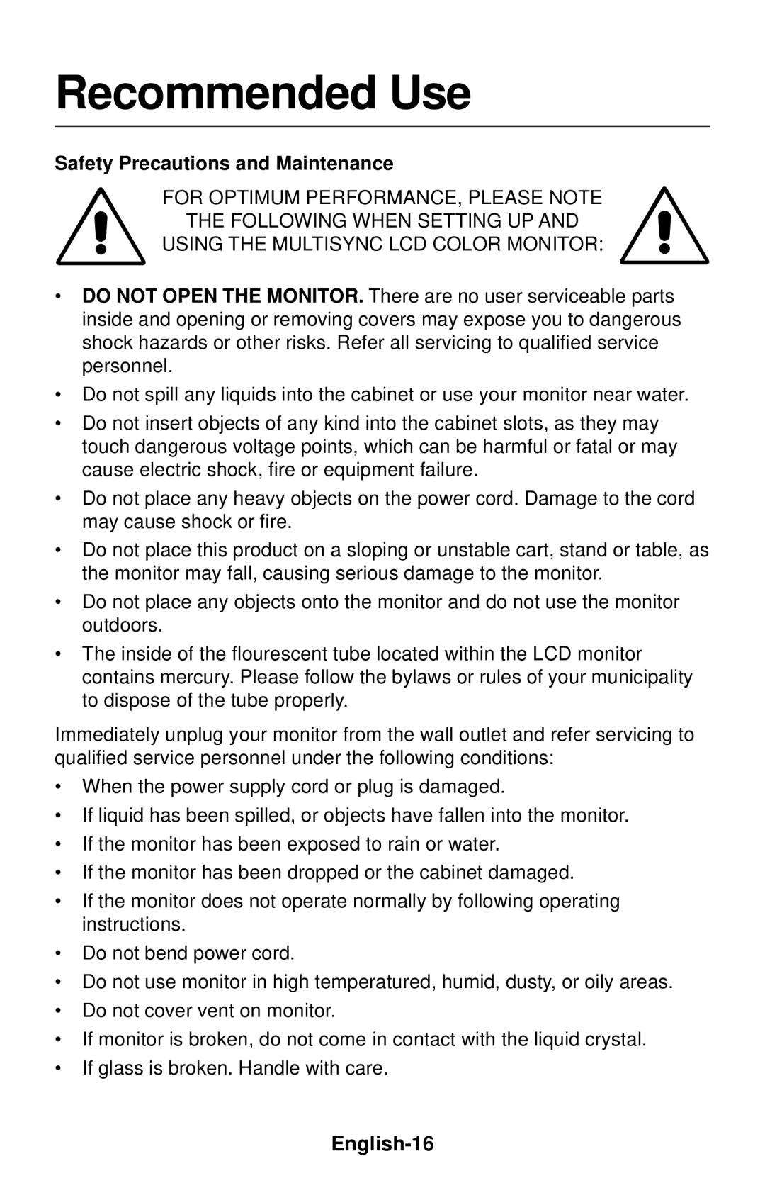 NEC LCD1830 user manual Recommended Use, English-16 