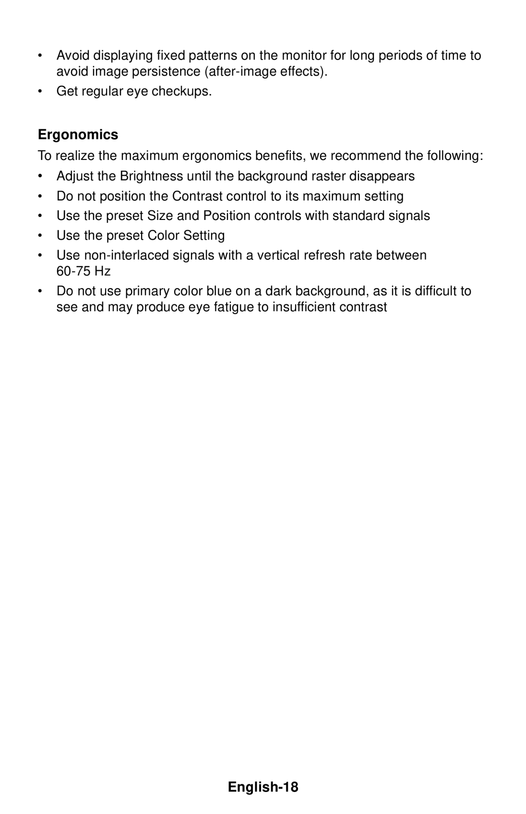 NEC LCD1830 user manual Ergonomics, English-18 