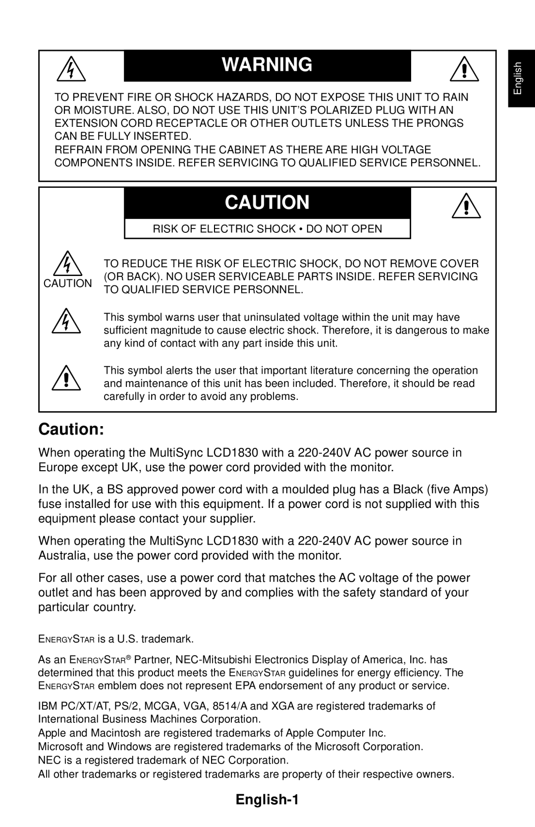 NEC LCD1830 user manual English-1 