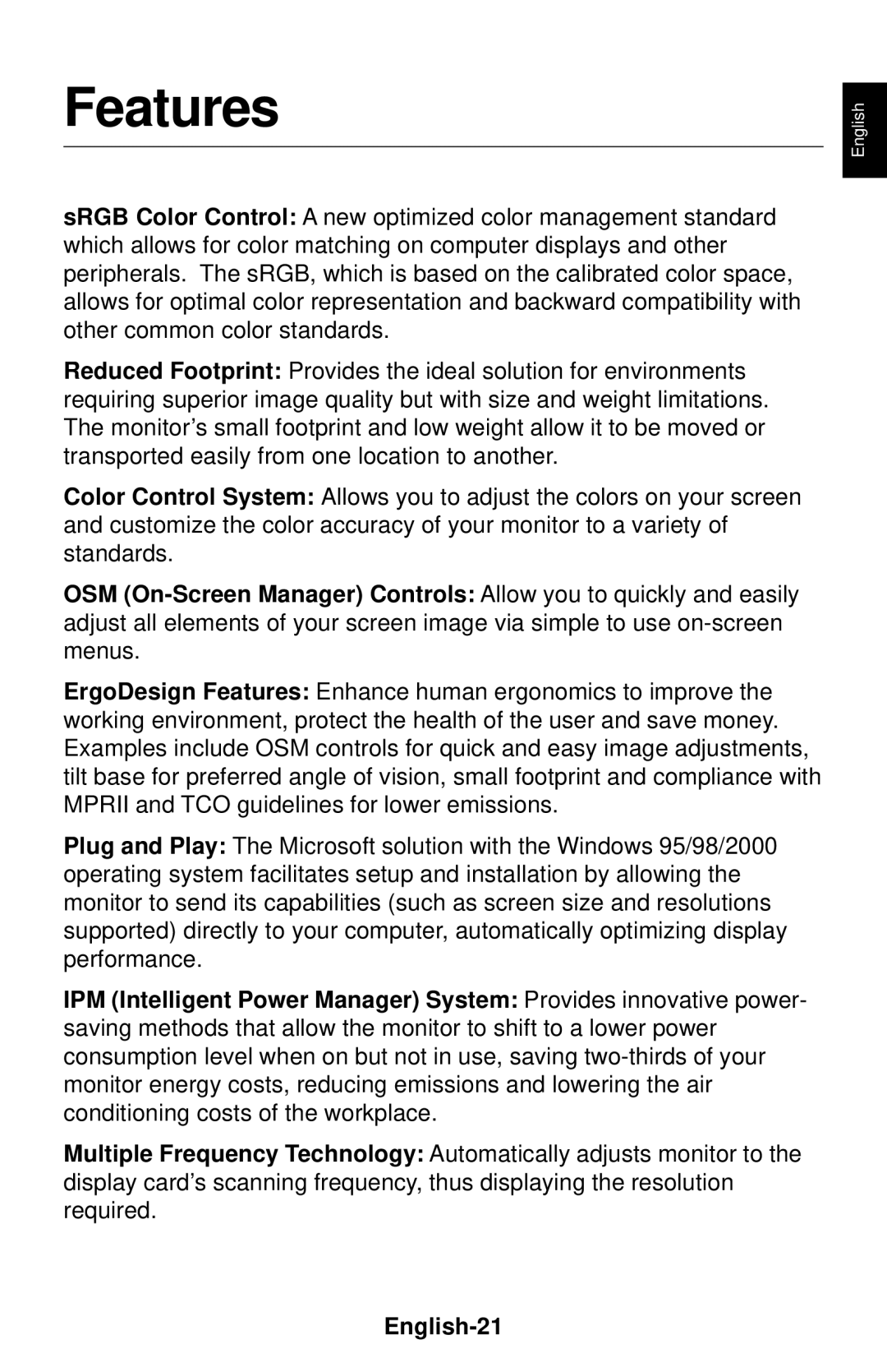 NEC LCD1830 user manual Features, English-21 