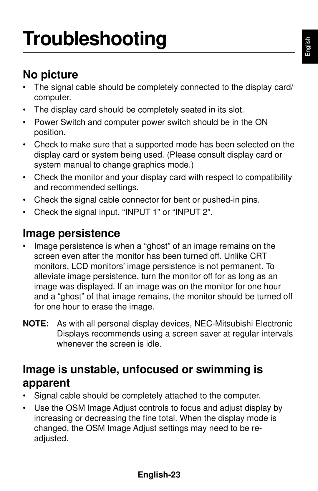 NEC LCD1830 Troubleshooting, No picture, Image persistence, Image is unstable, unfocused or swimming is apparent 