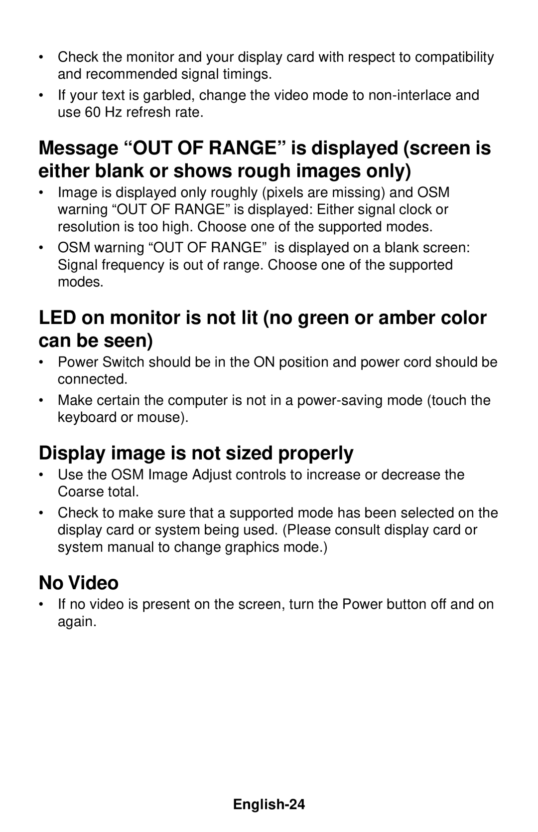 NEC LCD1830 user manual Display image is not sized properly, No Video, English-24 