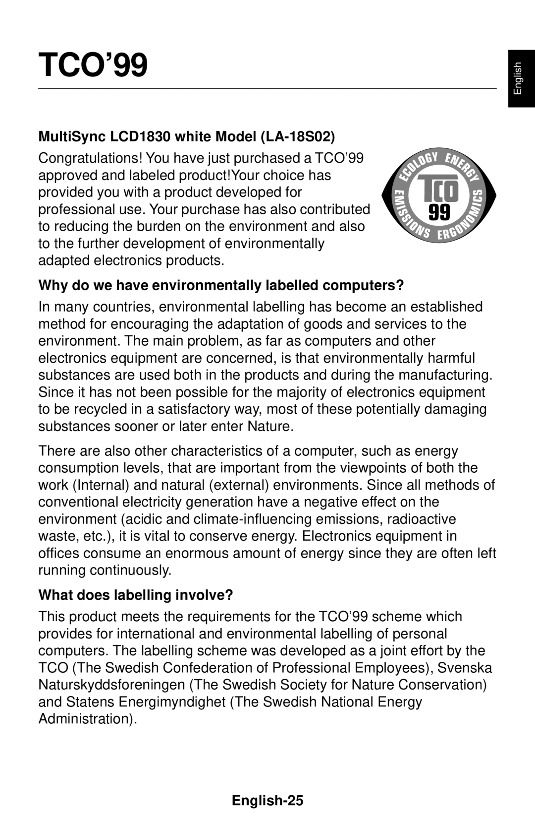 NEC TCO’99, MultiSync LCD1830 white Model LA-18S02, Why do we have environmentally labelled computers?, English-25 