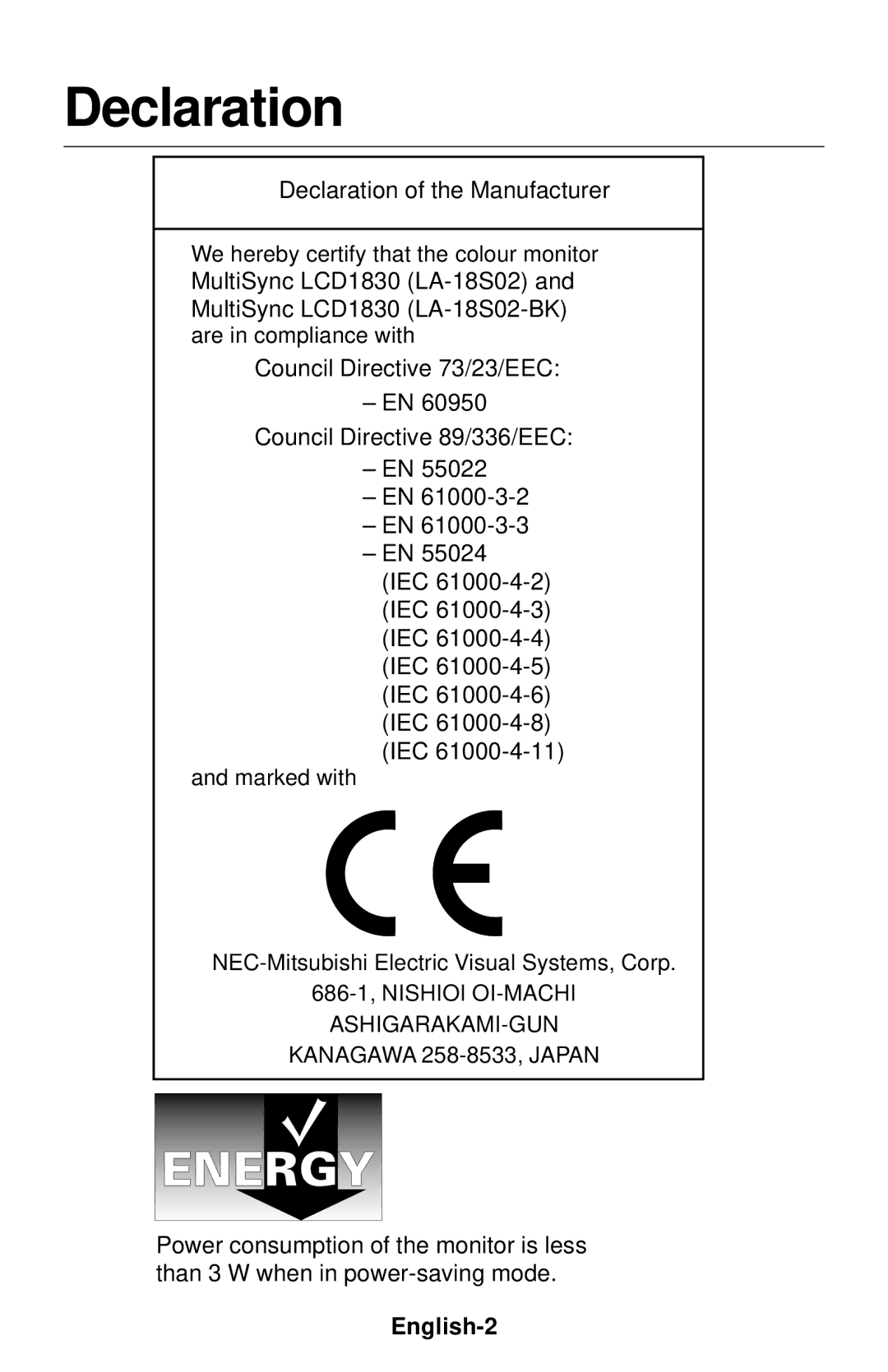 NEC LCD1830 user manual Declaration, English-2 