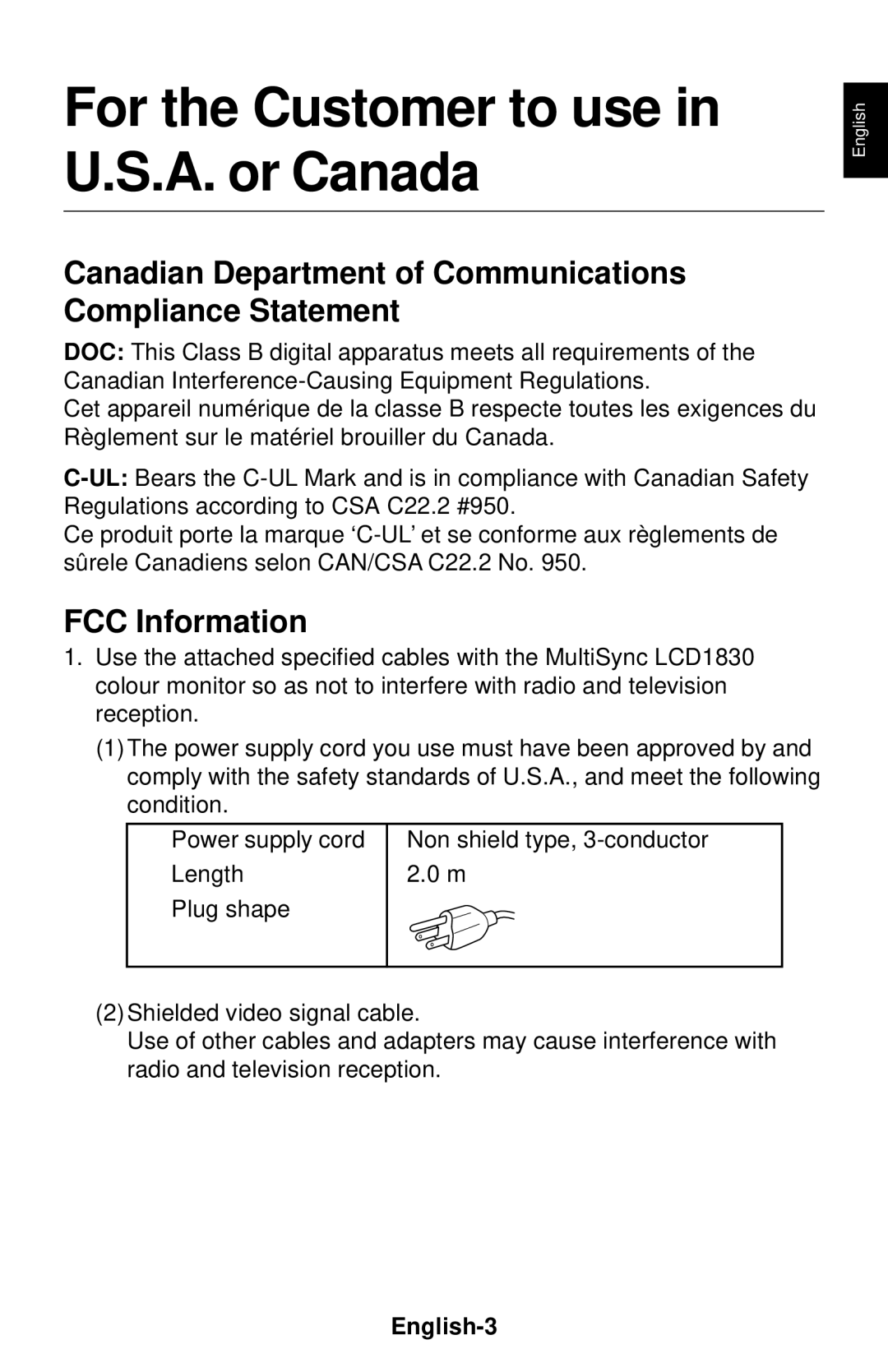 NEC LCD1830 For the Customer to use in U.S.A. or Canada, Canadian Department of Communications Compliance Statement 