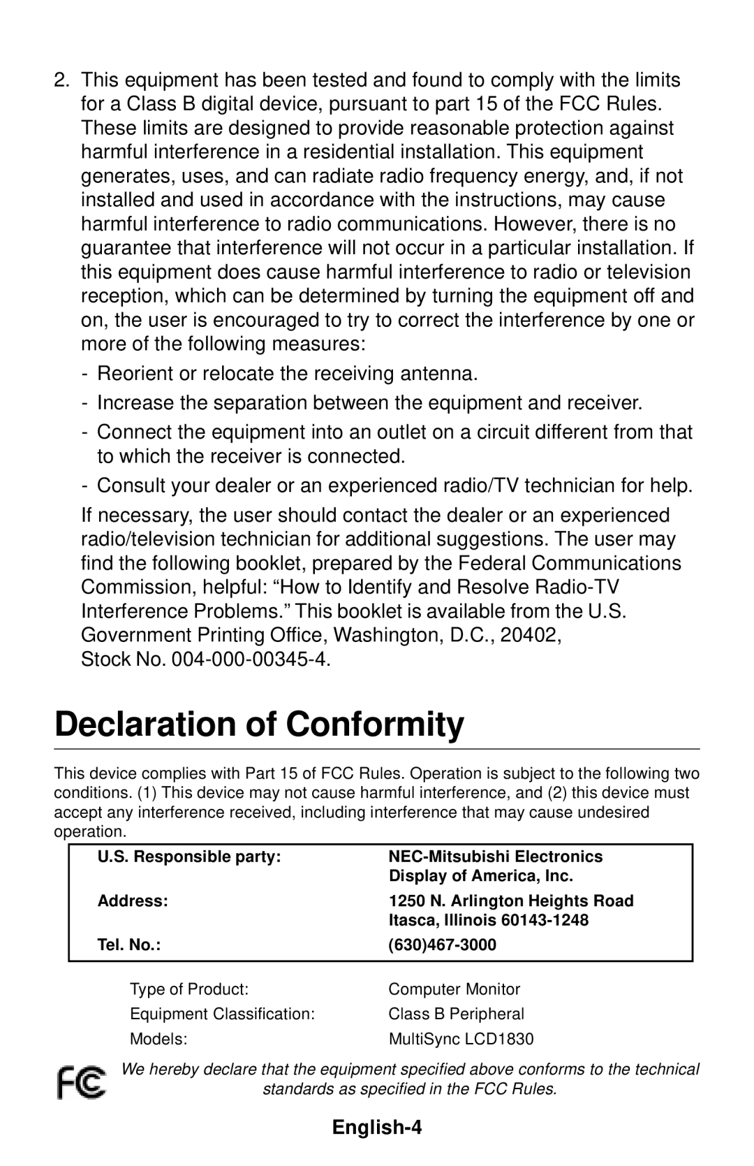 NEC LCD1830 user manual Declaration of Conformity, English-4 