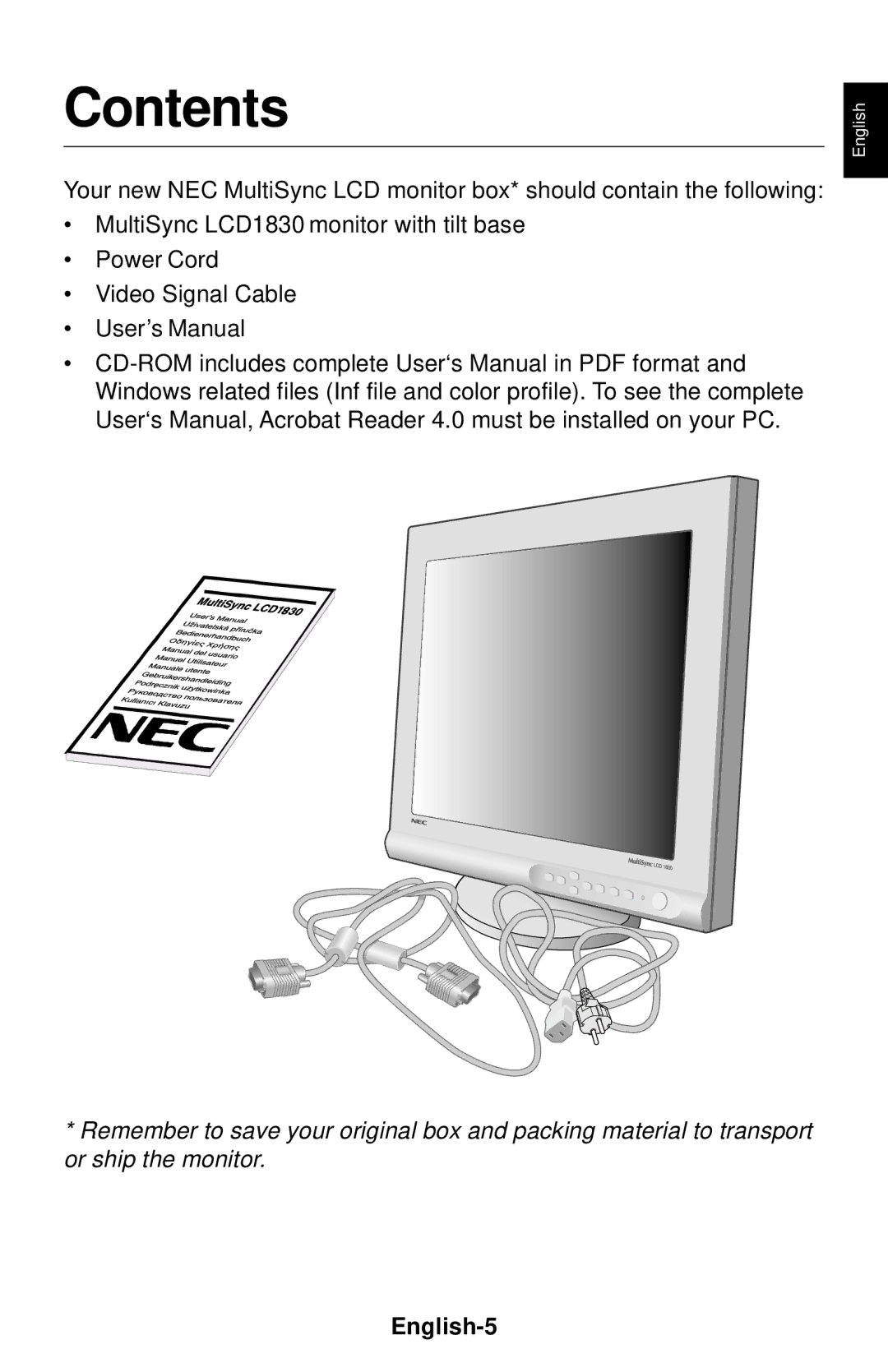 NEC LCD1830 user manual Contents 