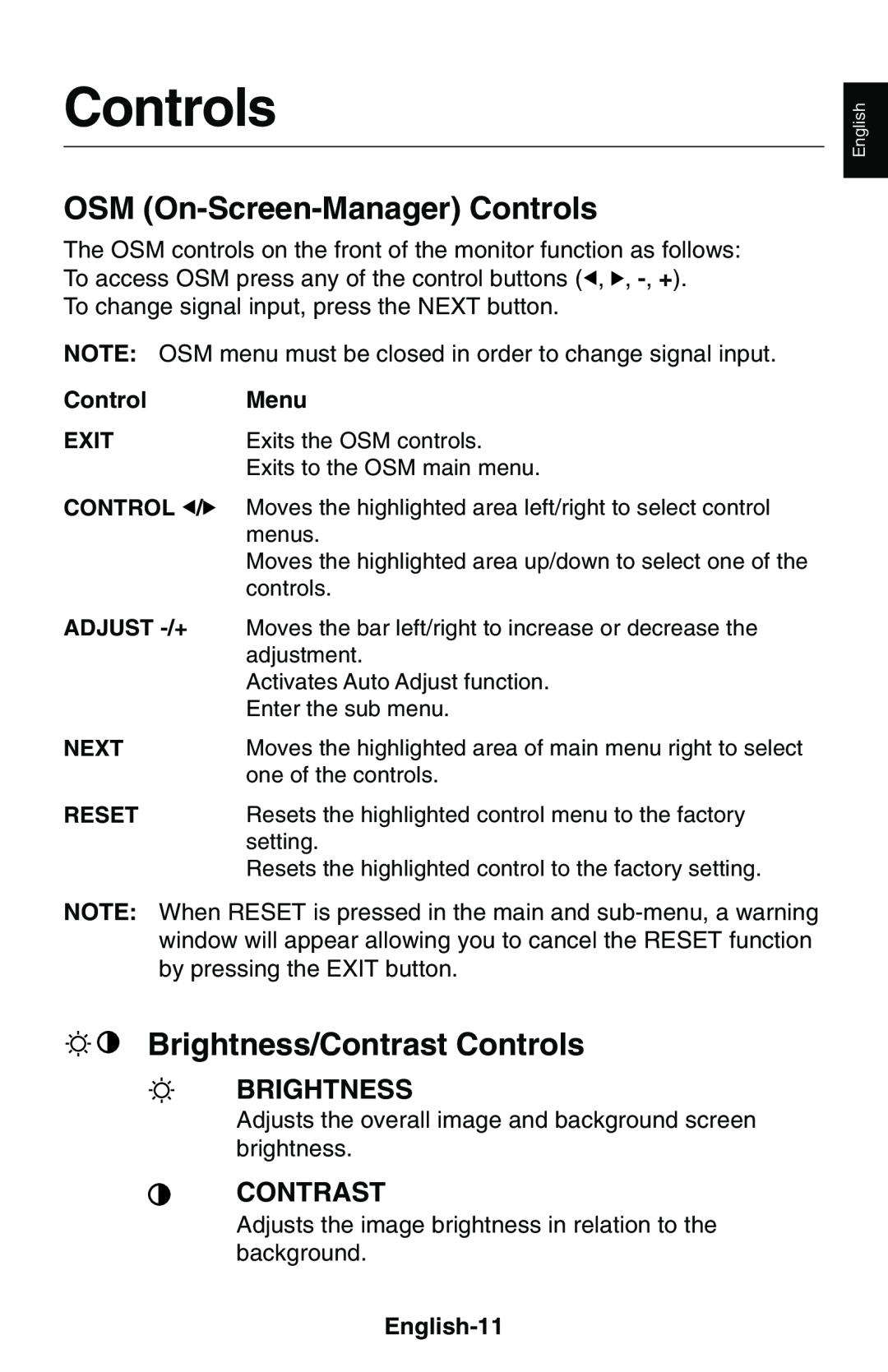 NEC LCD1850E user manual OSM On-Screen-Manager Controls, Brightness/Contrast Controls 