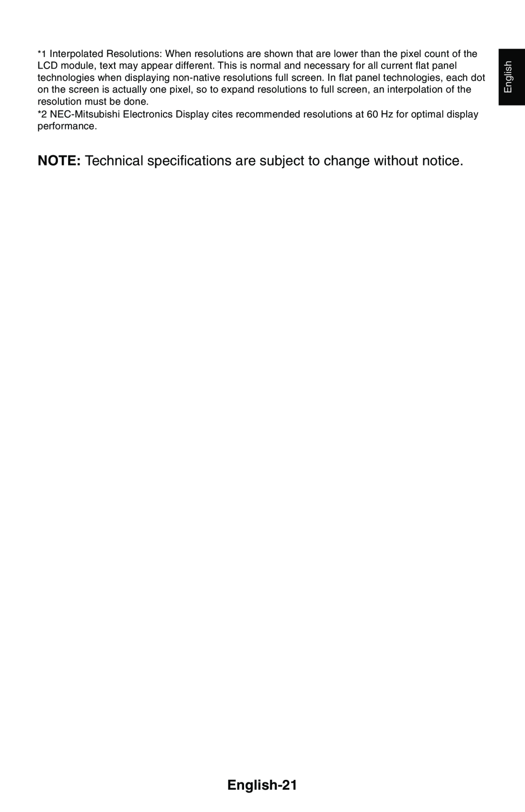 NEC LCD1850E user manual NOTE Technical specifications are subject to change without notice, English-21 
