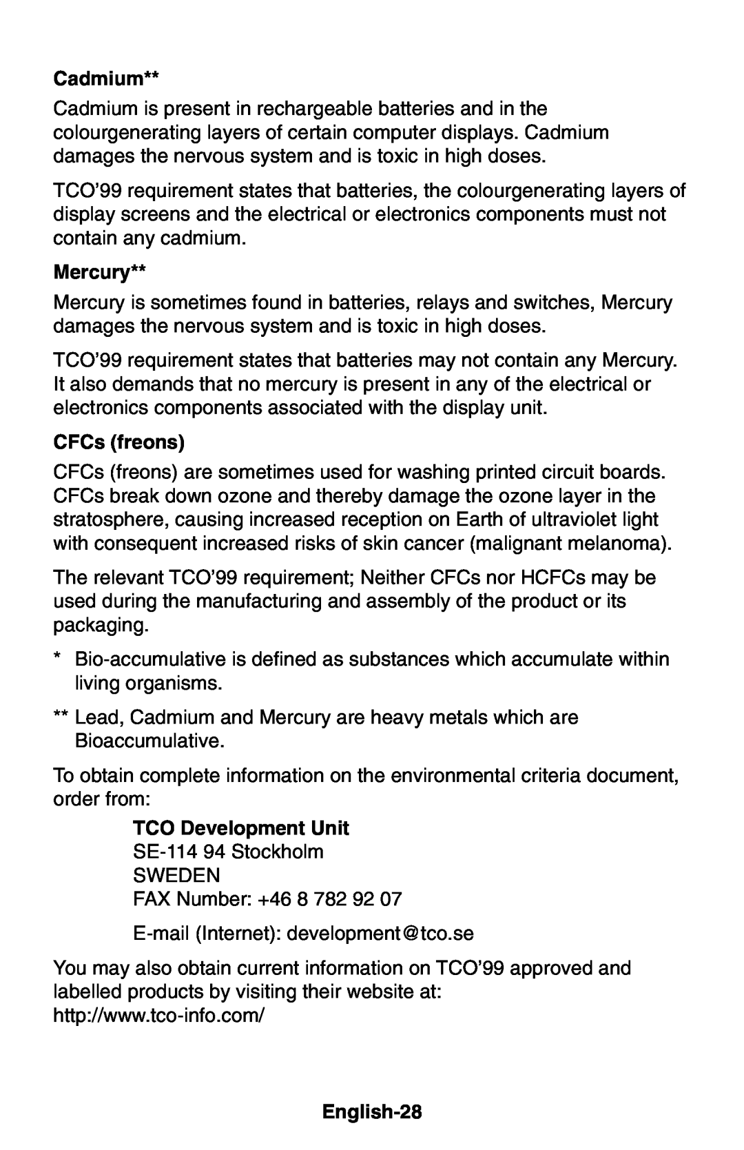 NEC LCD1850E user manual Cadmium, Mercury, CFCs freons, TCO Development Unit, English-28 