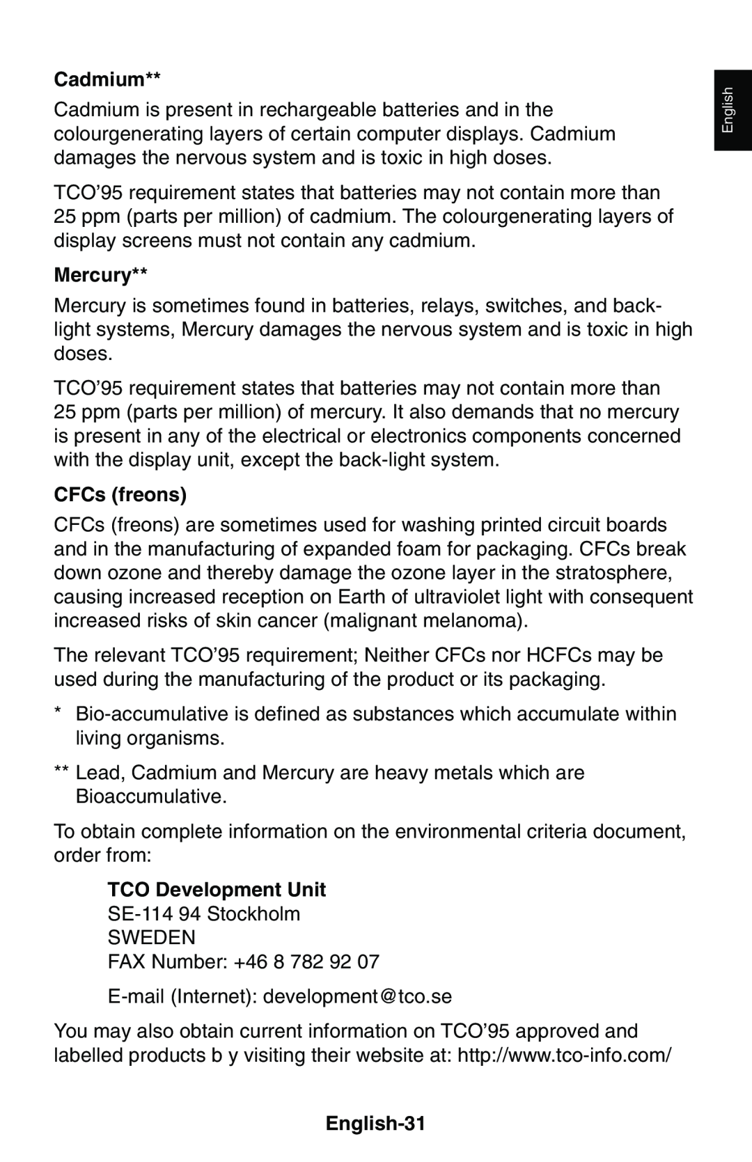 NEC LCD1850E user manual Cadmium, Mercury, CFCs freons, TCO Development Unit, English-31 