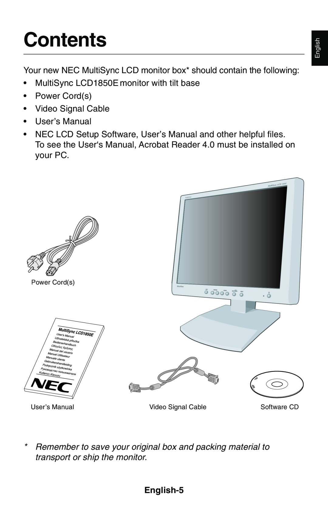 NEC LCD1850E user manual Contents, English-5 