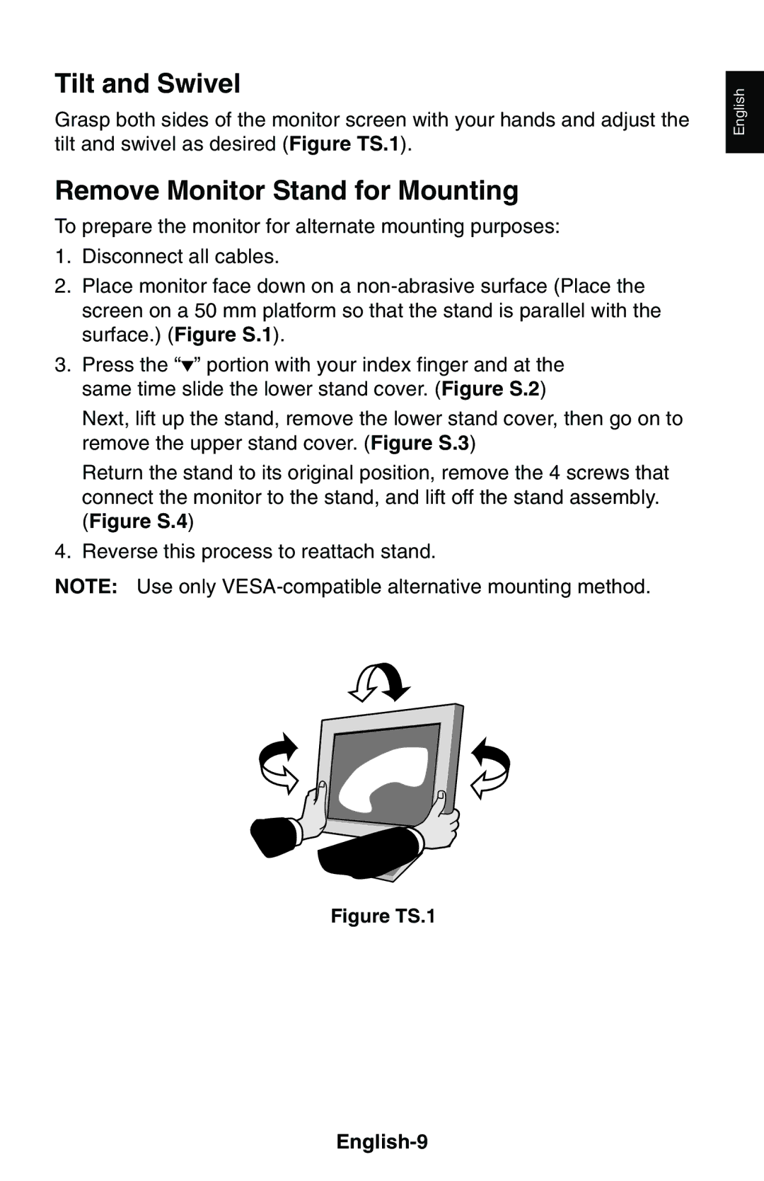 NEC LCD1850E user manual Tilt and Swivel, Remove Monitor Stand for Mounting, English-9 