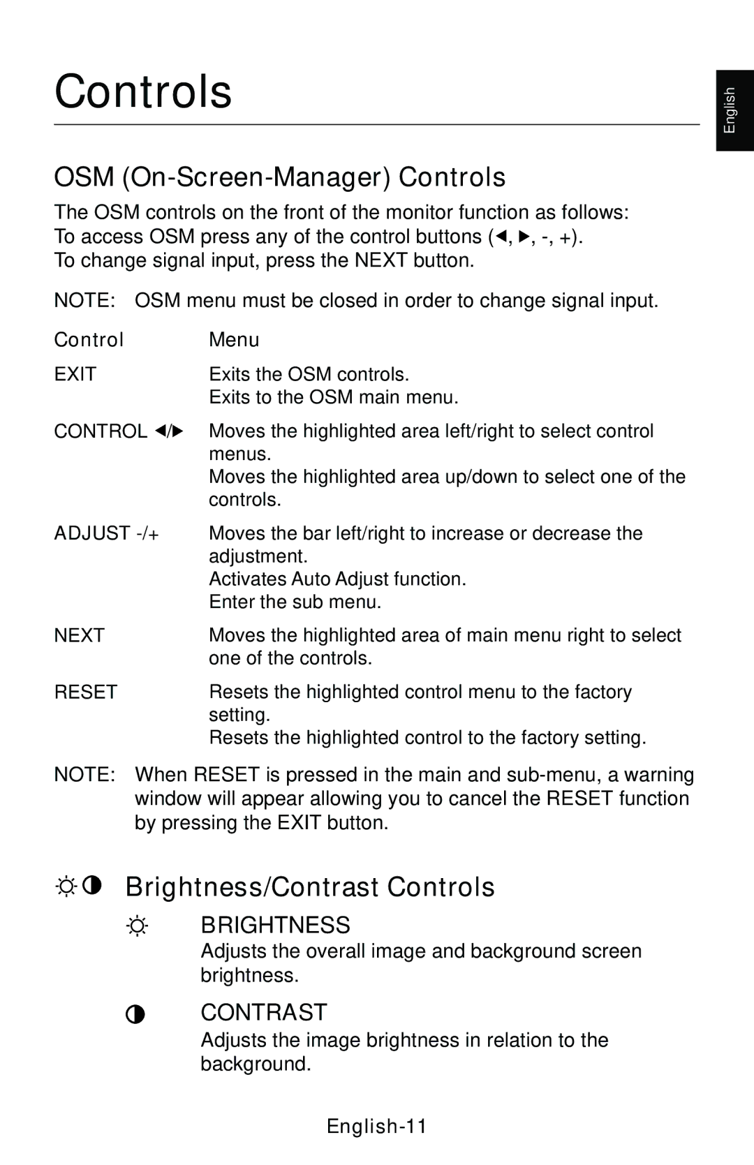 NEC LCD1850E user manual OSM On-Screen-Manager Controls, Brightness/Contrast Controls, Control Menu, English-11 