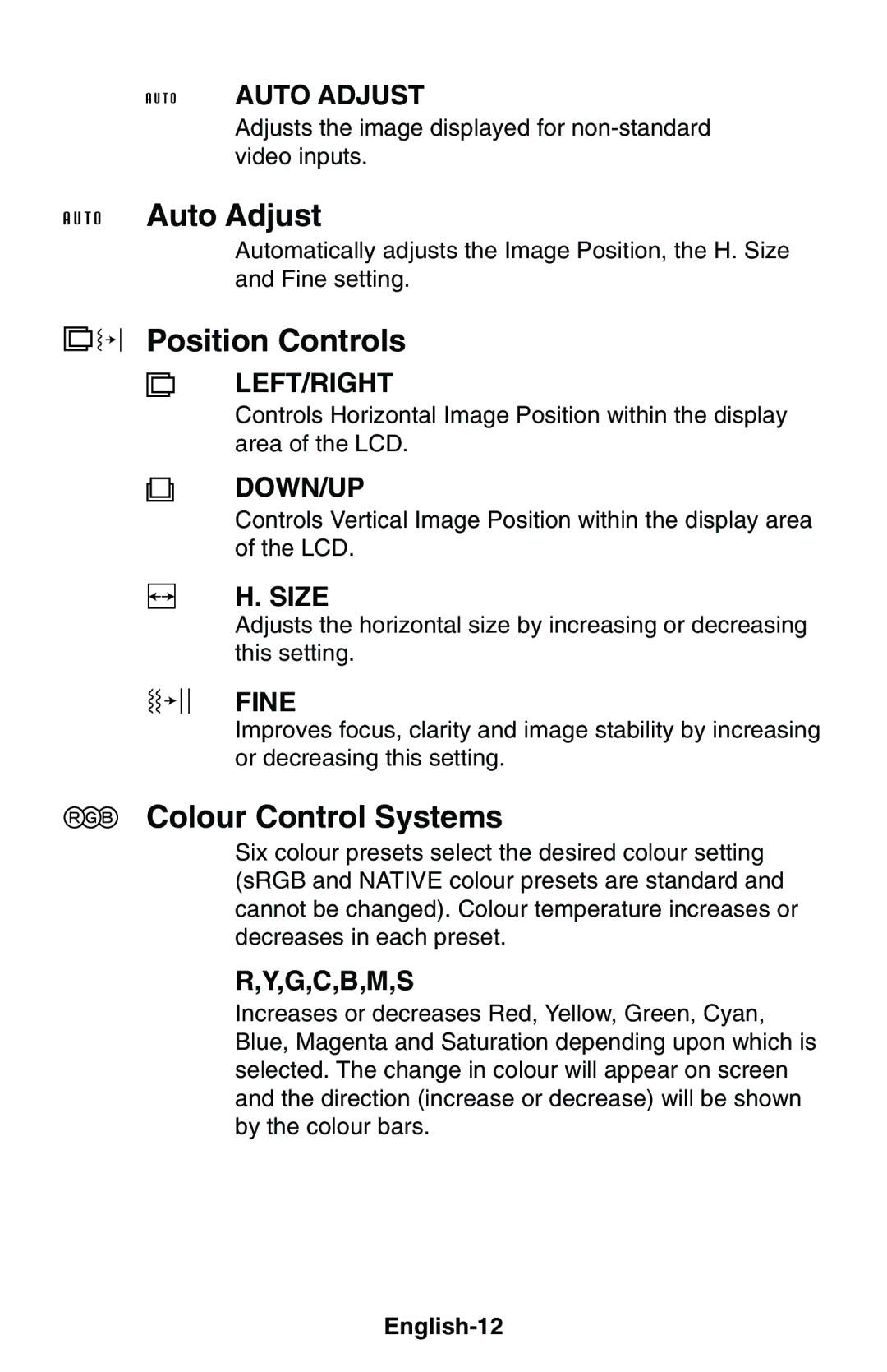 NEC LCD1850E user manual Auto Adjust, Position Controls, Colour Control Systems, English-12 