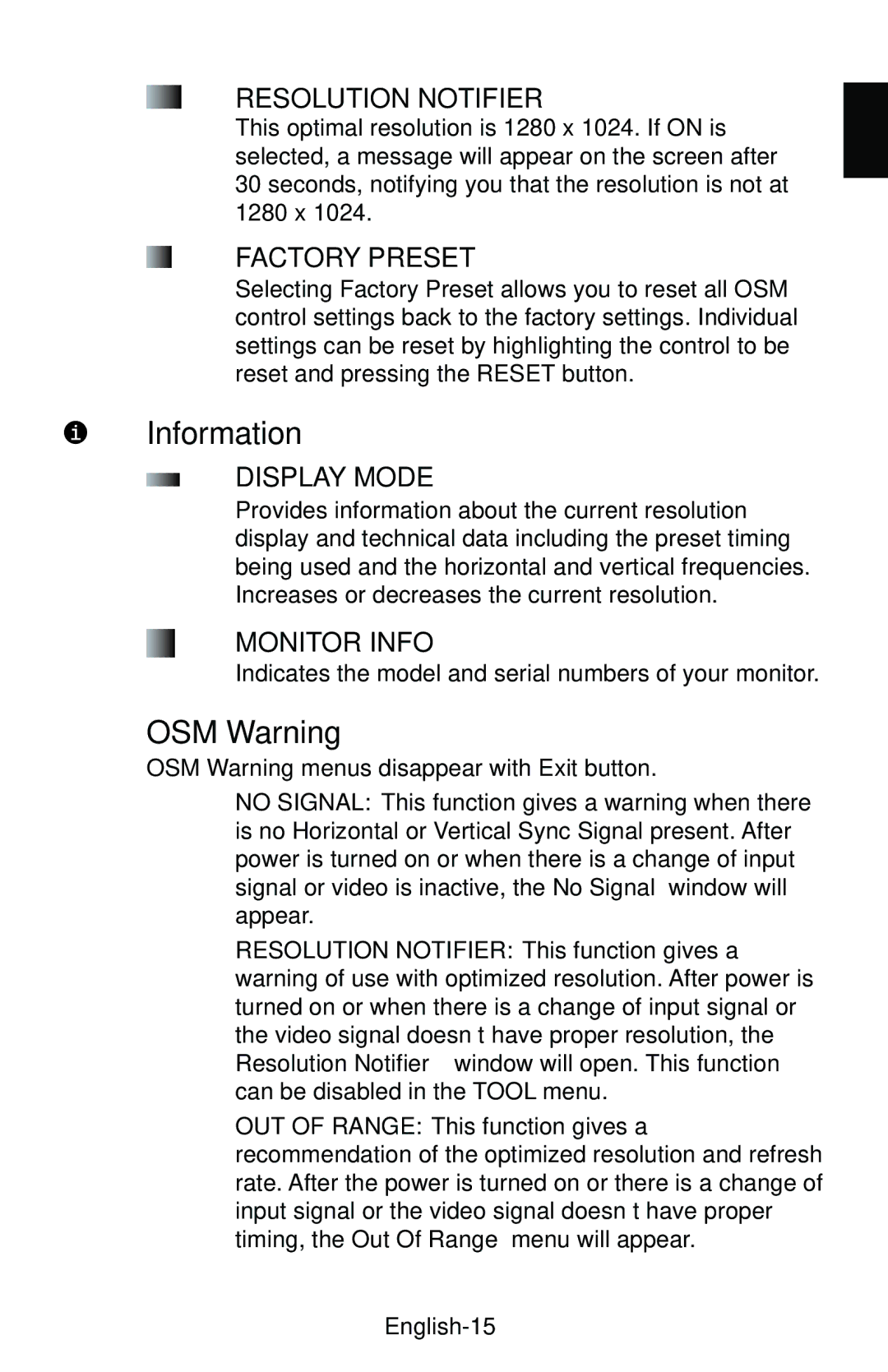 NEC LCD1850E user manual Information, OSM Warning, English-15 