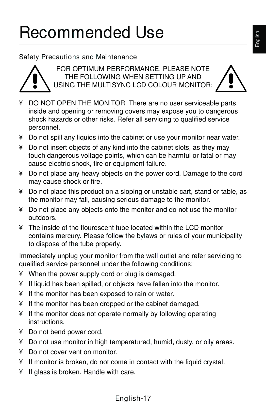 NEC LCD1850E user manual Recommended Use, English-17 