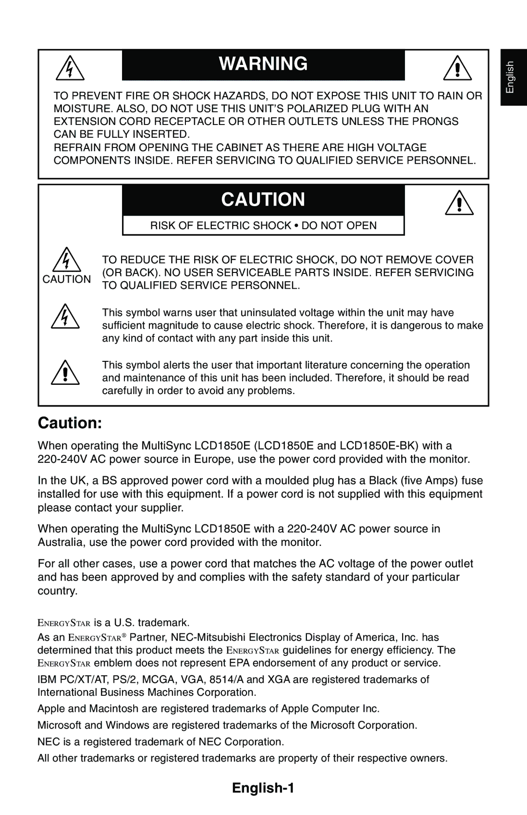 NEC LCD1850E user manual English-1 