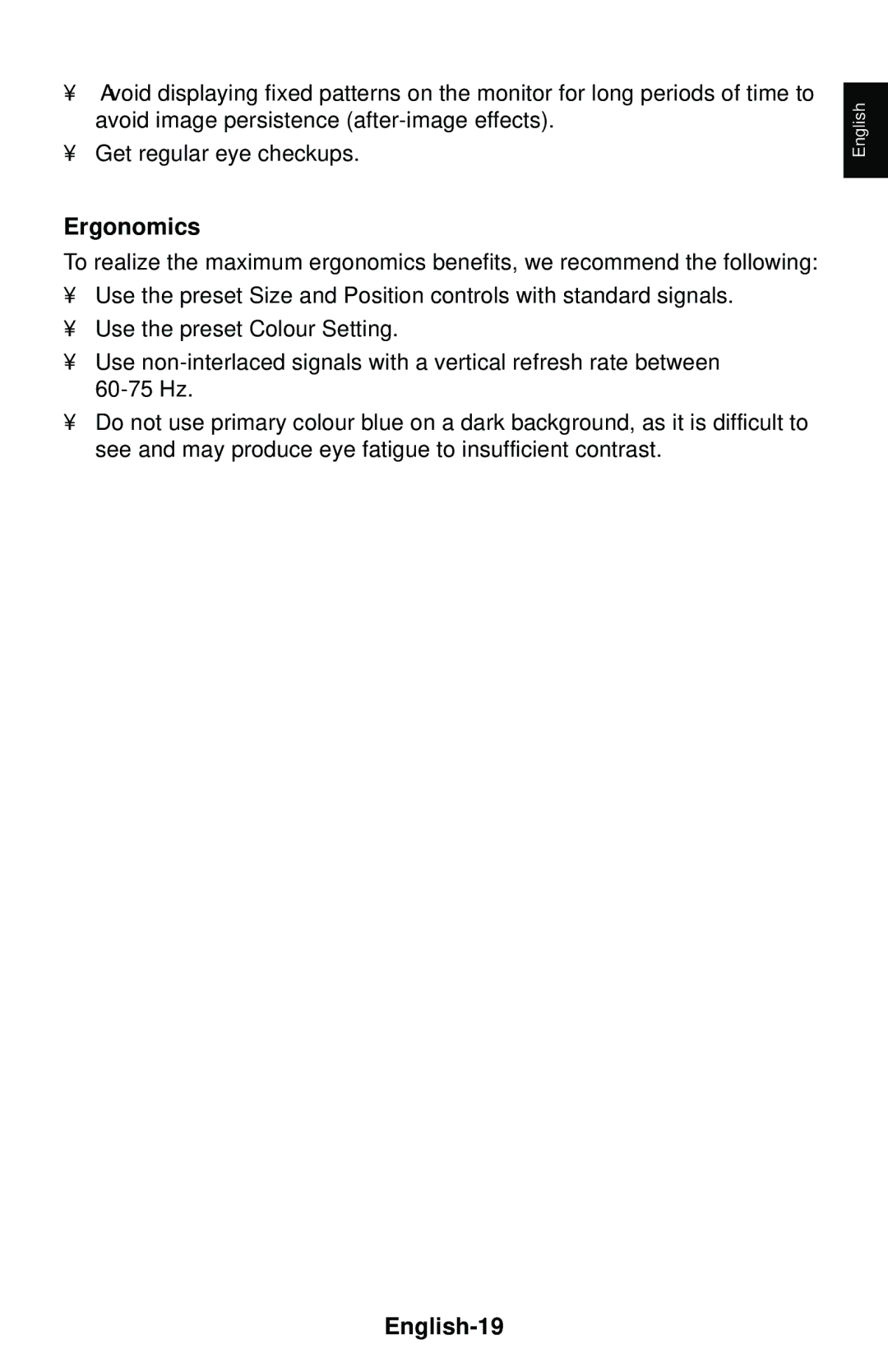 NEC LCD1850E user manual Ergonomics, English-19 