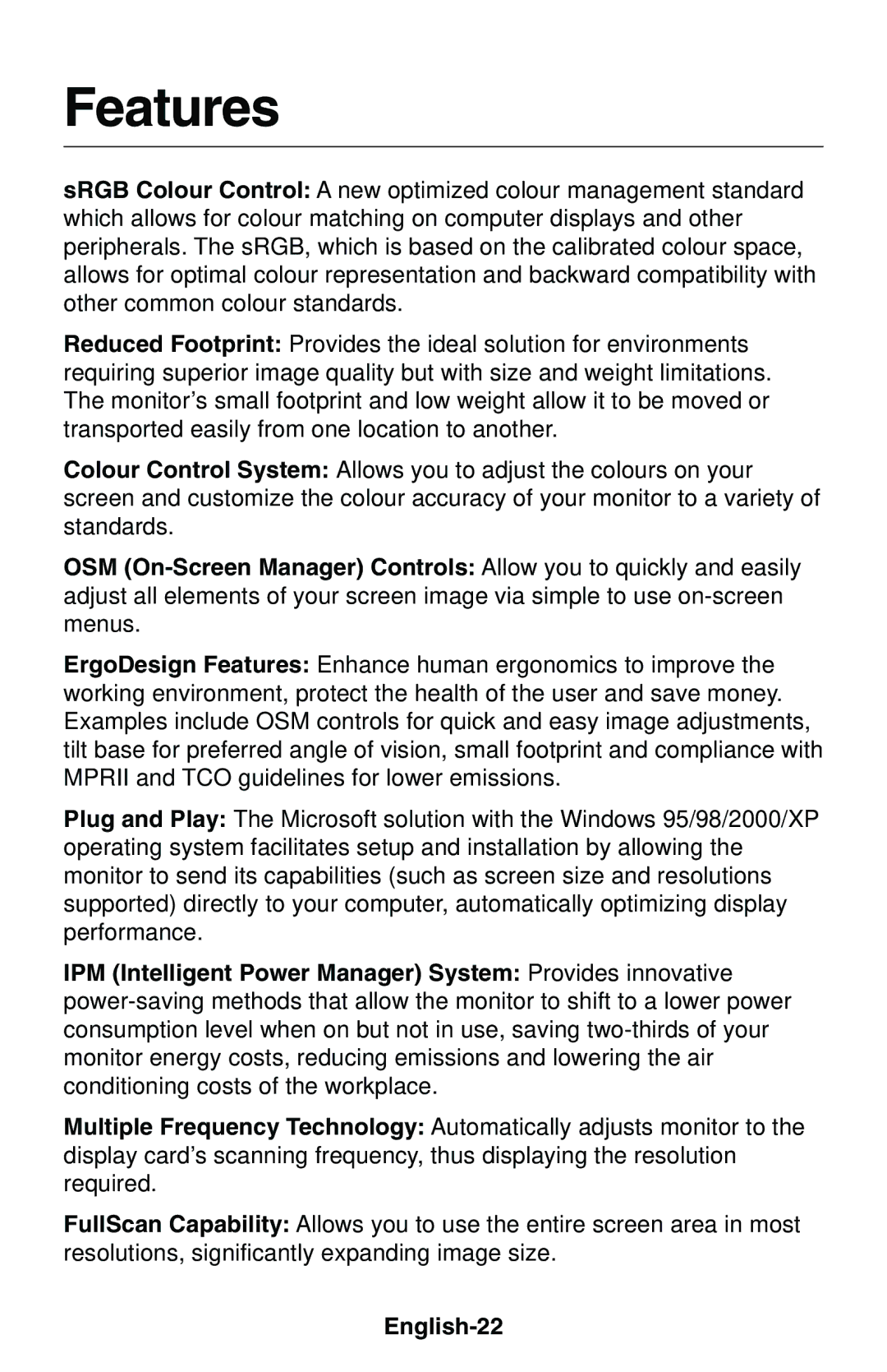 NEC LCD1850E user manual Features, English-22 