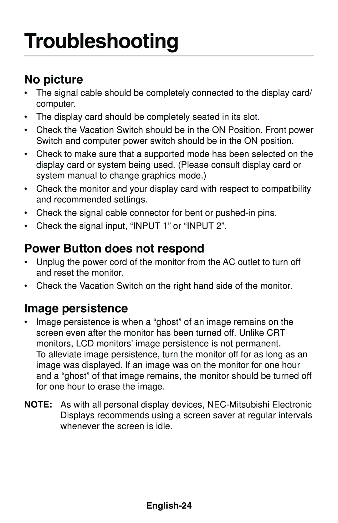 NEC LCD1850E user manual Troubleshooting, No picture, Power Button does not respond, Image persistence, English-24 