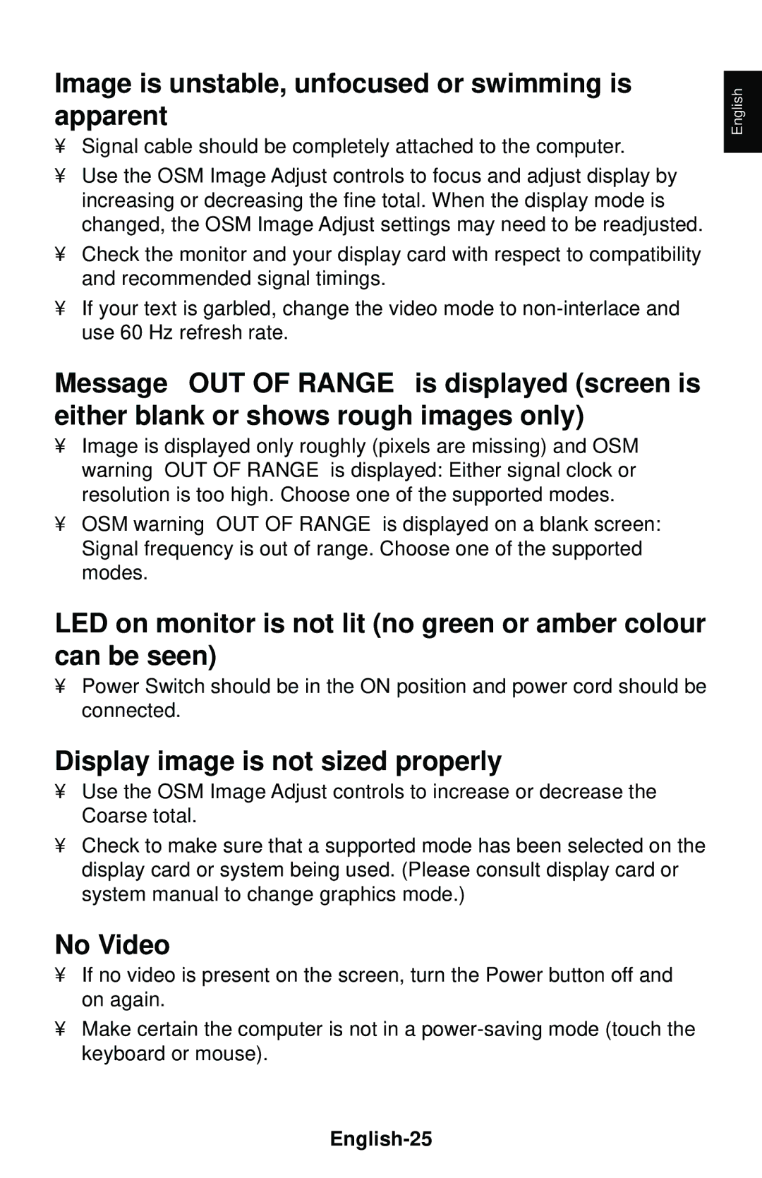 NEC LCD1850E Image is unstable, unfocused or swimming is apparent, Display image is not sized properly, No Video 