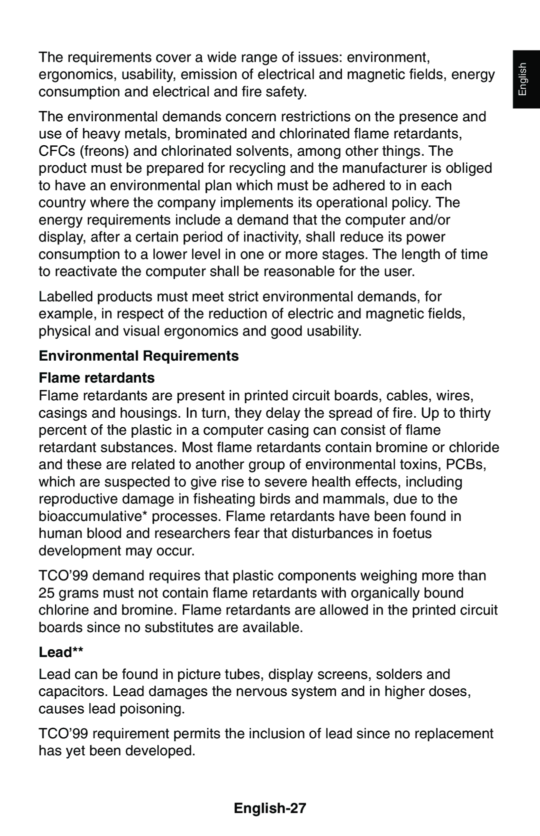 NEC LCD1850E user manual Environmental Requirements Flame retardants, Lead, English-27 