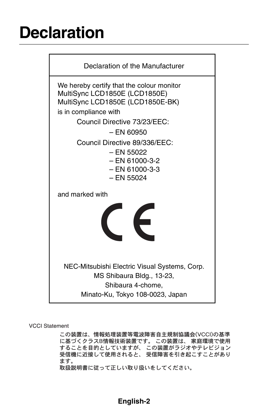 NEC LCD1850E user manual Declaration, English-2 