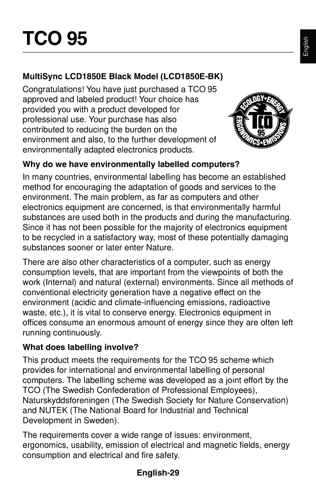 NEC user manual TCO’95, MultiSync LCD1850E Black Model LCD1850E-BK, English-29 