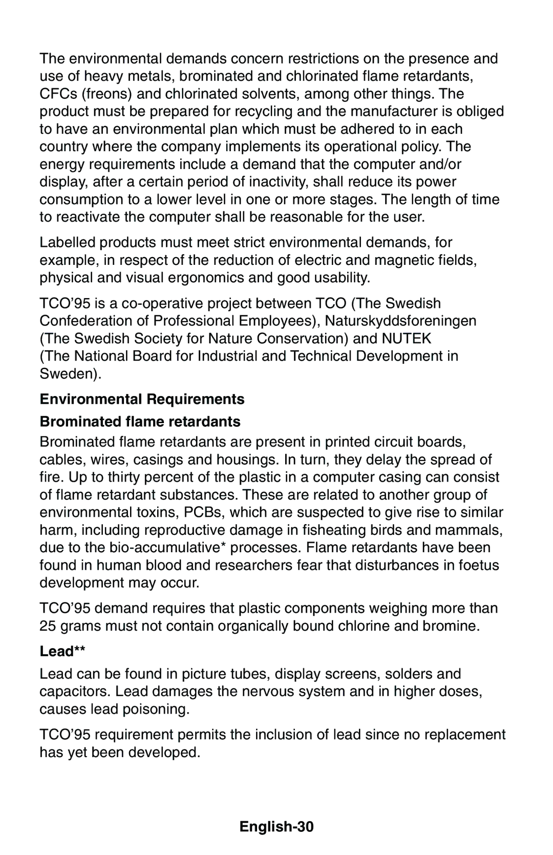 NEC LCD1850E user manual Environmental Requirements Brominated flame retardants, English-30 