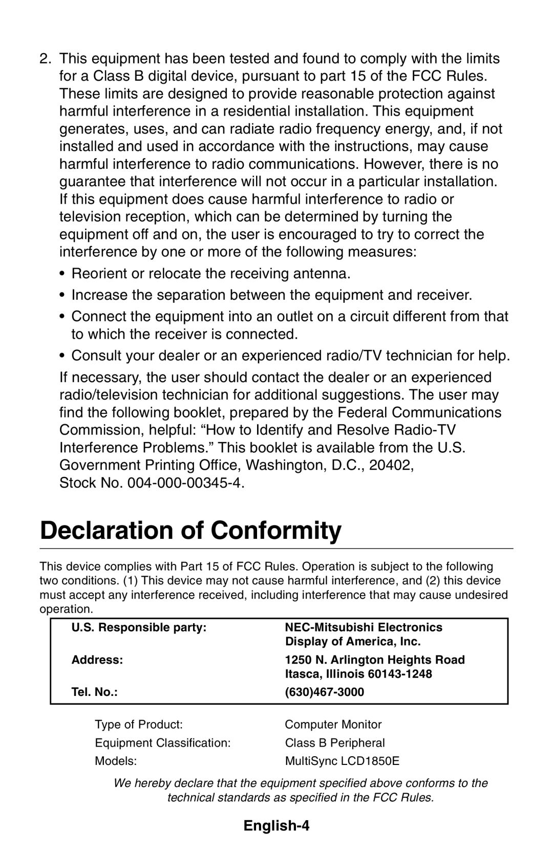 NEC LCD1850E user manual Declaration of Conformity, English-4 