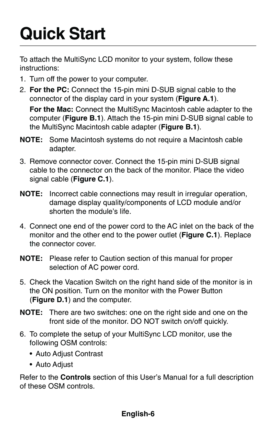 NEC LCD1850E user manual Quick Start, English-6 