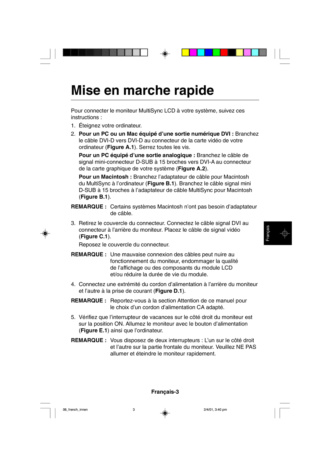 NEC LCD1850X user manual Mise en marche rapide, Français-3 