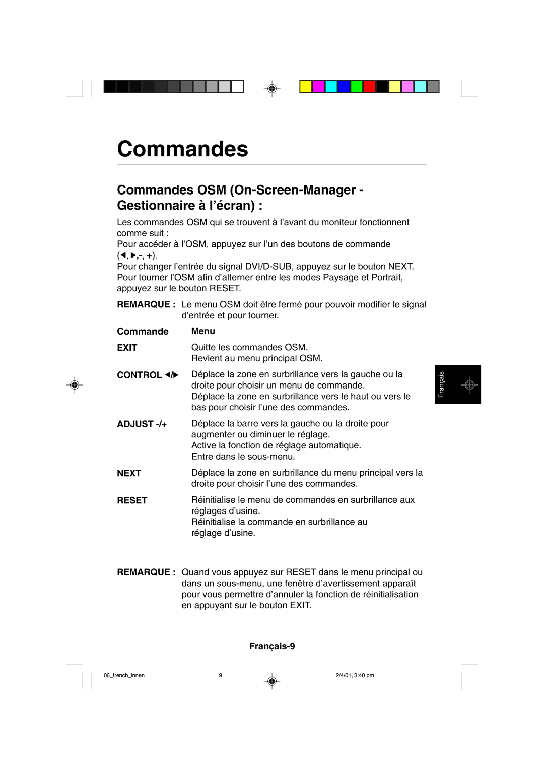 NEC LCD1850X user manual Commandes OSM On-Screen-Manager Gestionnaire à l’écran, Menu, Français-9 