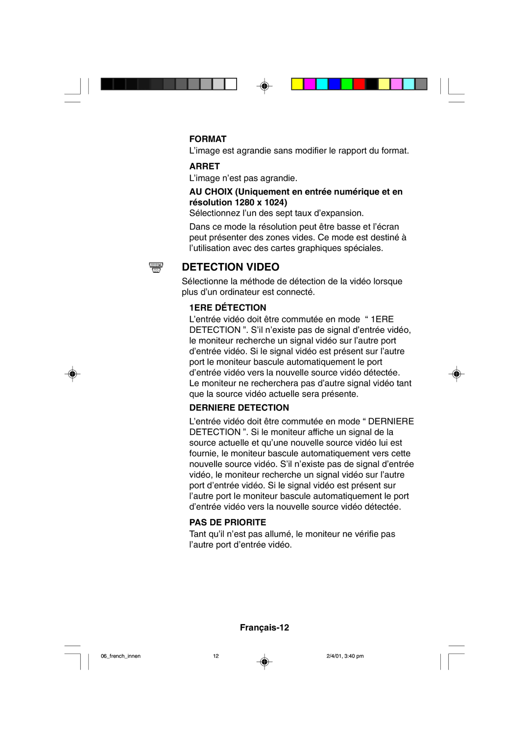 NEC LCD1850X user manual Detection Video, Français-12 