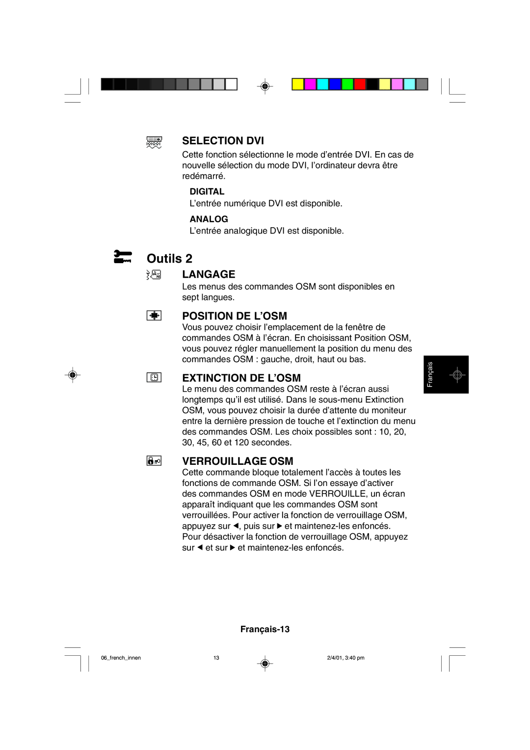 NEC LCD1850X user manual Selection DVI, Langage, Position DE L’OSM, Extinction DE L’OSM, Verrouillage OSM 