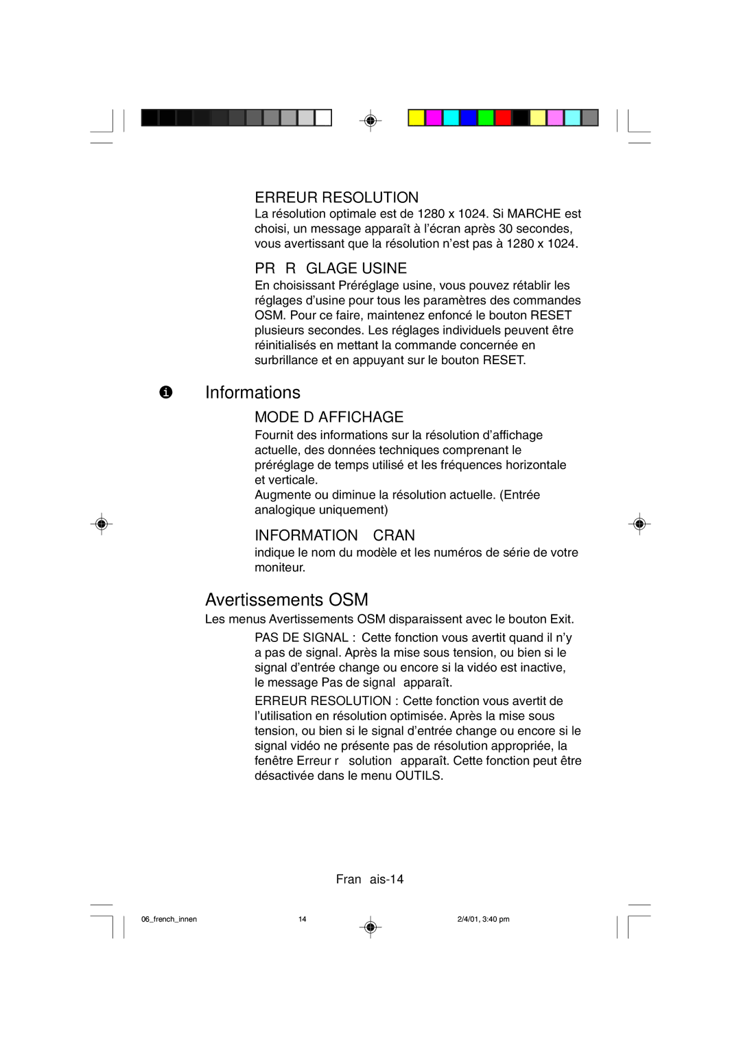 NEC LCD1850X user manual Informations, Avertissements OSM 