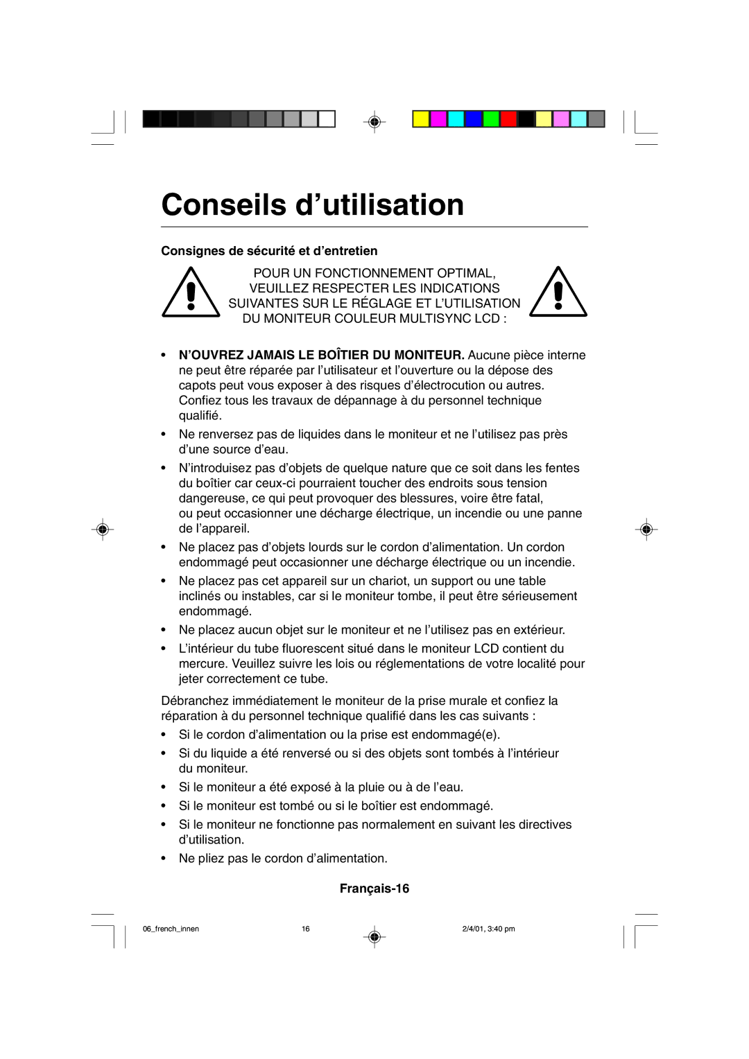 NEC LCD1850X user manual Conseils d’utilisation, Consignes de sécurité et d’entretien, Français-16 