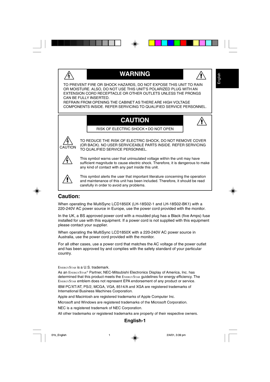 NEC LCD1850X user manual English-1 