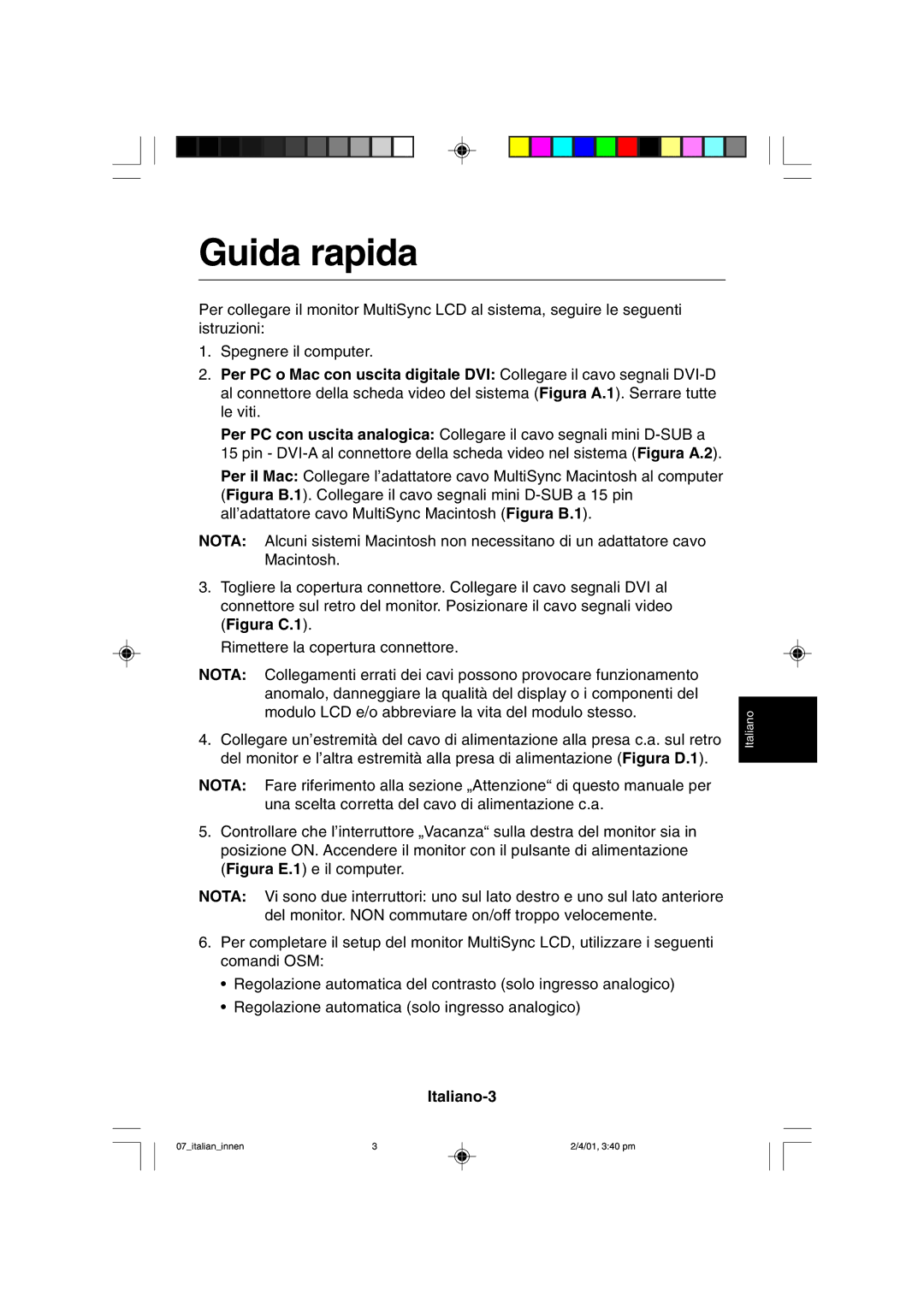 NEC LCD1850X user manual Guida rapida, Italiano-3 